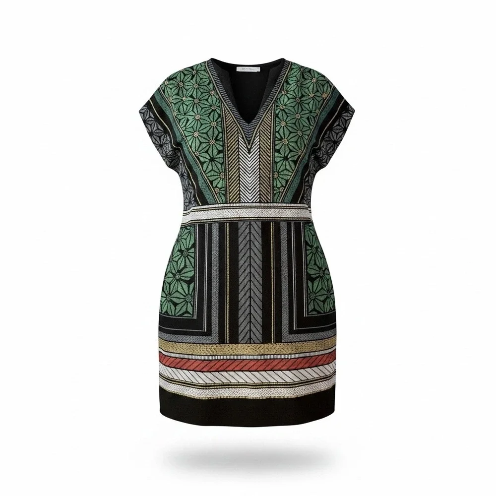 Zara Geometric V-Neck Mini Dress or Tunic‎ with Gold Thread Accents Size Small